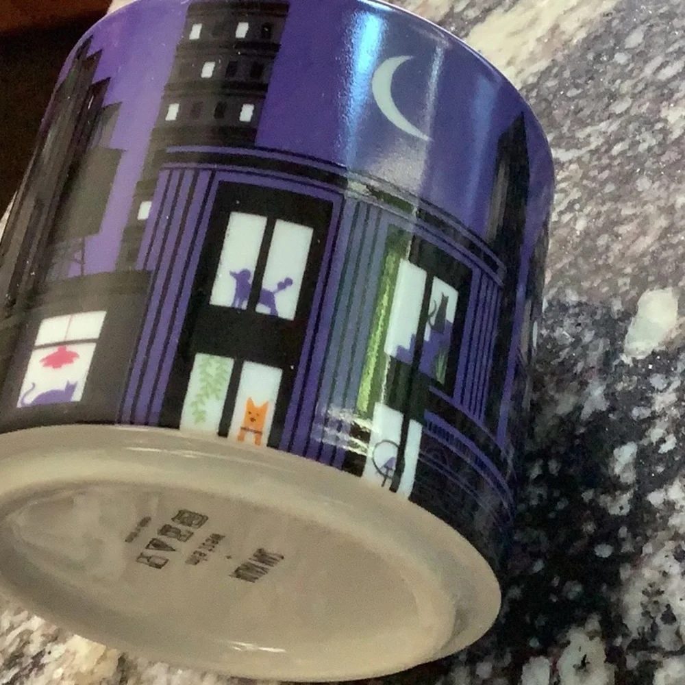 West Elm Purple and White Cat Cityscape Mug